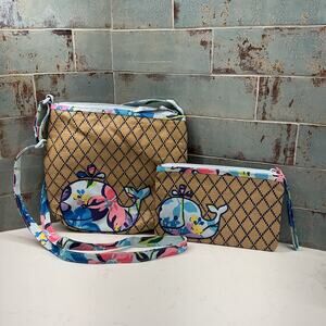 Vera Bradley Whale Print Woven Straw Womens Crossover Bag And Wristlet